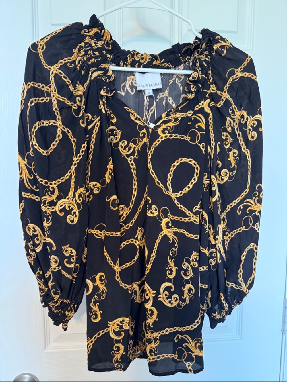 Gold Chain-Print Black Blouse by Gilner Farrar